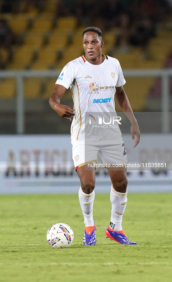 Yerry Mina of Cagliari Calcio is in action during the Serie A match between Lecce and Cagliari in Lecce, Italy, on August 31, 2024. 