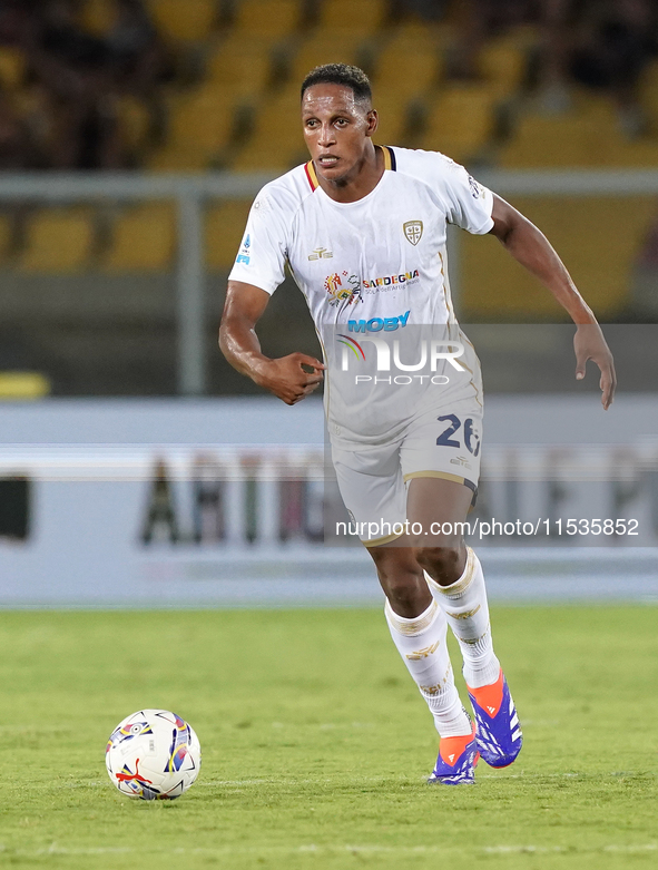 Yerry Mina of Cagliari Calcio is in action during the Serie A match between Lecce and Cagliari in Lecce, Italy, on August 31, 2024. 