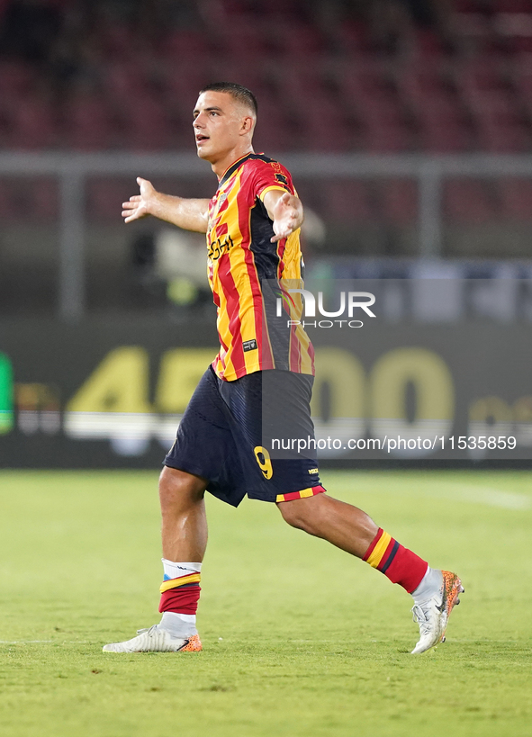 Nikola Krstovic of US Lecce gestures during the Serie A match between Lecce and Cagliari in Lecce, Italy, on August 31, 2024. 