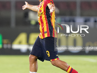 Nikola Krstovic of US Lecce gestures during the Serie A match between Lecce and Cagliari in Lecce, Italy, on August 31, 2024. (