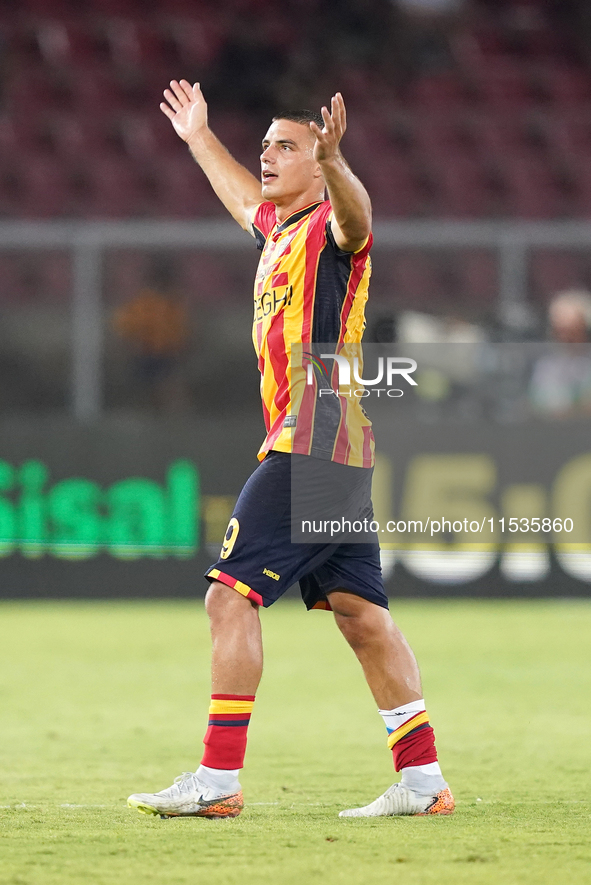 Nikola Krstovic of US Lecce gestures during the Serie A match between Lecce and Cagliari in Lecce, Italy, on August 31, 2024. 