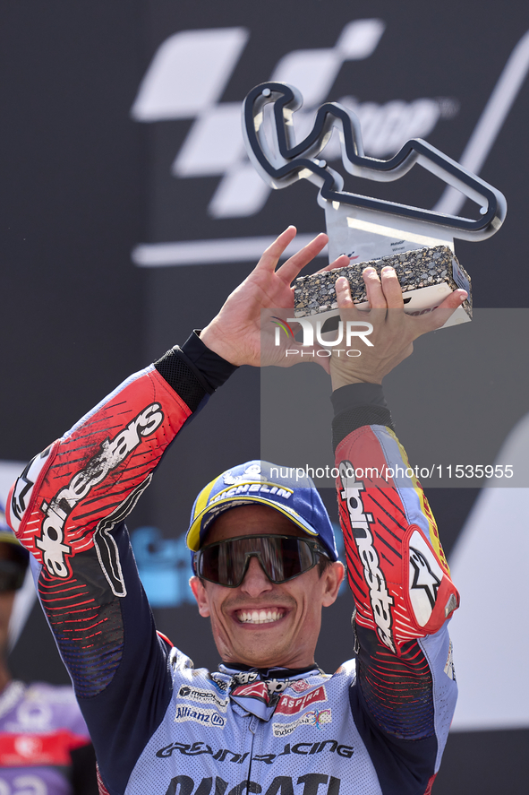 Marc Marquez (93) of Spain and Gresini Racing Moto GP Ducati celebrates victory after  the race day of the Gran Premio GoPro de Aragon at Mo...