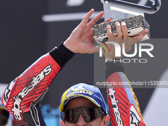 Marc Marquez (93) of Spain and Gresini Racing Moto GP Ducati celebrates victory after  the race day of the Gran Premio GoPro de Aragon at Mo...