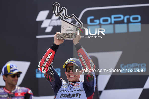 Marc Marquez (93) of Spain and Gresini Racing Moto GP Ducati celebrates victory after  the race day of the Gran Premio GoPro de Aragon at Mo...