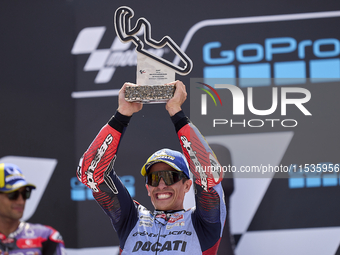 Marc Marquez (93) of Spain and Gresini Racing Moto GP Ducati celebrates victory after  the race day of the Gran Premio GoPro de Aragon at Mo...