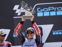 Marc Marquez (93) of Spain and Gresini Racing Moto GP Ducati celebrates victory after  the race day of the Gran Premio GoPro de Aragon at Mo...