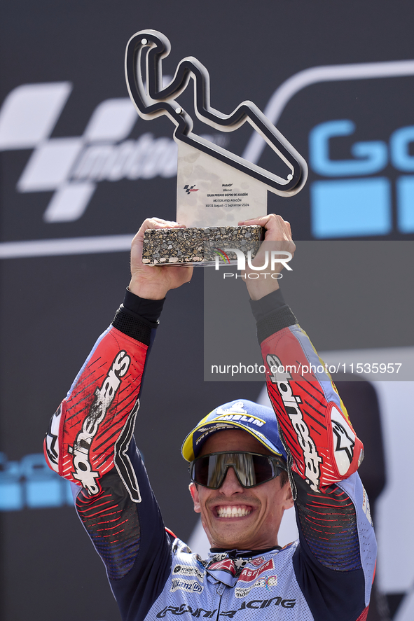 Marc Marquez (93) of Spain and Gresini Racing Moto GP Ducati celebrates victory after  the race day of the Gran Premio GoPro de Aragon at Mo...