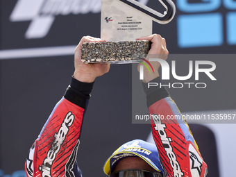 Marc Marquez (93) of Spain and Gresini Racing Moto GP Ducati celebrates victory after  the race day of the Gran Premio GoPro de Aragon at Mo...