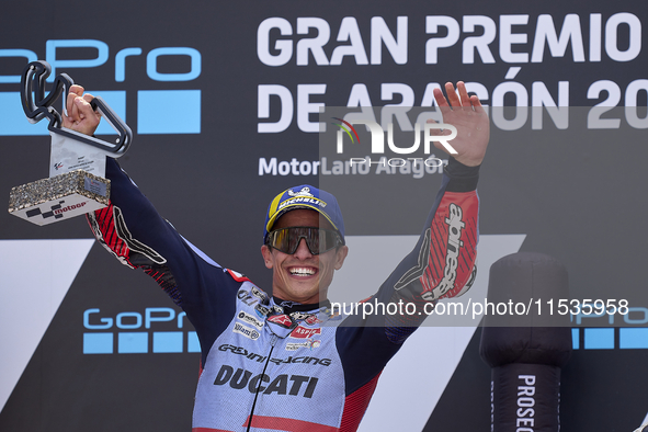 Marc Marquez (93) of Spain and Gresini Racing Moto GP Ducati celebrates victory after  the race day of the Gran Premio GoPro de Aragon at Mo...