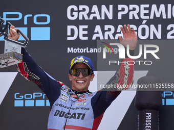 Marc Marquez (93) of Spain and Gresini Racing Moto GP Ducati celebrates victory after  the race day of the Gran Premio GoPro de Aragon at Mo...