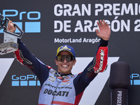 Marc Marquez (93) of Spain and Gresini Racing Moto GP Ducati celebrates victory after  the race day of the Gran Premio GoPro de Aragon at Mo...