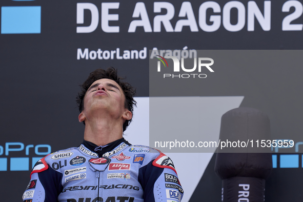 Marc Marquez (93) of Spain and Gresini Racing Moto GP Ducati celebrates victory after  the race day of the Gran Premio GoPro de Aragon at Mo...