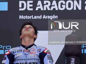 Marc Marquez (93) of Spain and Gresini Racing Moto GP Ducati celebrates victory after  the race day of the Gran Premio GoPro de Aragon at Mo...