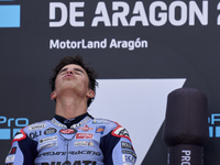 Marc Marquez (93) of Spain and Gresini Racing Moto GP Ducati celebrates victory after  the race day of the Gran Premio GoPro de Aragon at Mo...