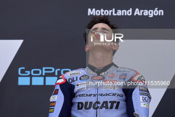 Marc Marquez (93) of Spain and Gresini Racing Moto GP Ducati celebrates victory after  the race day of the Gran Premio GoPro de Aragon at Mo...