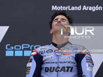 Marc Marquez (93) of Spain and Gresini Racing Moto GP Ducati celebrates victory after  the race day of the Gran Premio GoPro de Aragon at Mo...