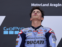 Marc Marquez (93) of Spain and Gresini Racing Moto GP Ducati celebrates victory after  the race day of the Gran Premio GoPro de Aragon at Mo...