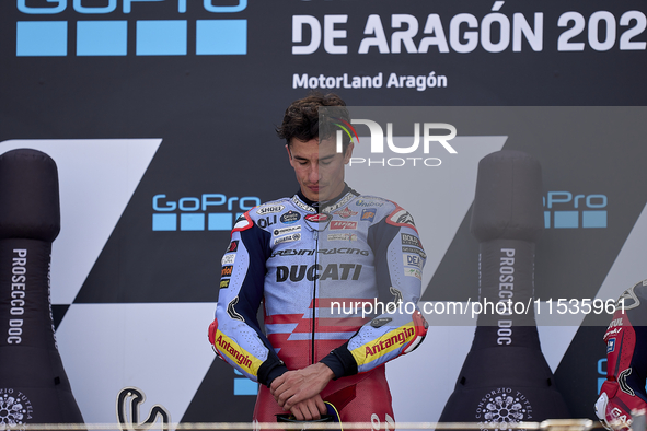 Marc Marquez (93) of Spain and Gresini Racing Moto GP Ducati celebrates victory after  the race day of the Gran Premio GoPro de Aragon at Mo...