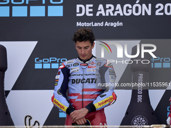 Marc Marquez (93) of Spain and Gresini Racing Moto GP Ducati celebrates victory after  the race day of the Gran Premio GoPro de Aragon at Mo...