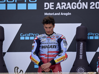 Marc Marquez (93) of Spain and Gresini Racing Moto GP Ducati celebrates victory after  the race day of the Gran Premio GoPro de Aragon at Mo...