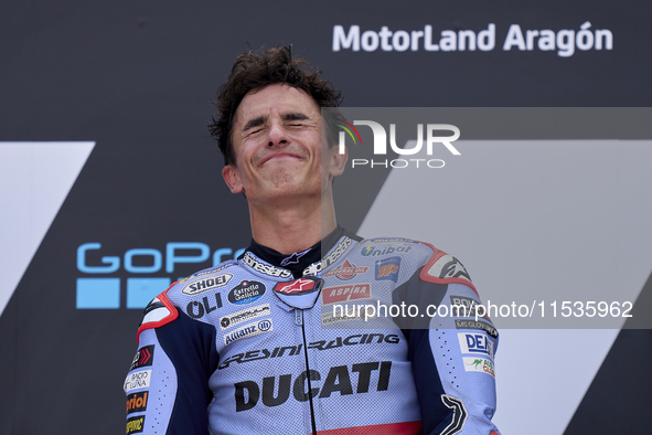 Marc Marquez (93) of Spain and Gresini Racing Moto GP Ducati celebrates victory after  the race day of the Gran Premio GoPro de Aragon at Mo...