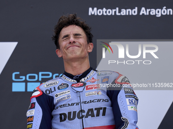 Marc Marquez (93) of Spain and Gresini Racing Moto GP Ducati celebrates victory after  the race day of the Gran Premio GoPro de Aragon at Mo...