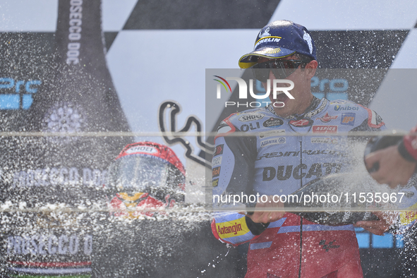 Marc Marquez (93) of Spain and Gresini Racing Moto GP Ducati celebrates victory after  the race day of the Gran Premio GoPro de Aragon at Mo...