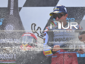 Marc Marquez (93) of Spain and Gresini Racing Moto GP Ducati celebrates victory after  the race day of the Gran Premio GoPro de Aragon at Mo...