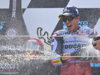 Marc Marquez (93) of Spain and Gresini Racing Moto GP Ducati celebrates victory after  the race day of the Gran Premio GoPro de Aragon at Mo...