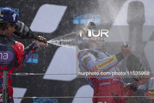 Marc Marquez (93) of Spain and Gresini Racing Moto GP Ducati celebrates victory after  the race day of the Gran Premio GoPro de Aragon at Mo...