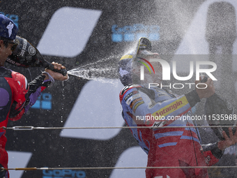 Marc Marquez (93) of Spain and Gresini Racing Moto GP Ducati celebrates victory after  the race day of the Gran Premio GoPro de Aragon at Mo...