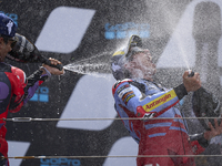 Marc Marquez (93) of Spain and Gresini Racing Moto GP Ducati celebrates victory after  the race day of the Gran Premio GoPro de Aragon at Mo...