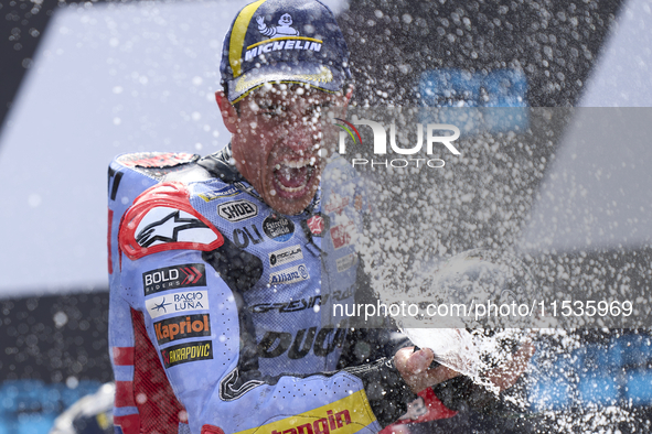 Marc Marquez (93) of Spain and Gresini Racing Moto GP Ducati celebrates victory after  the race day of the Gran Premio GoPro de Aragon at Mo...