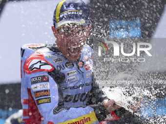 Marc Marquez (93) of Spain and Gresini Racing Moto GP Ducati celebrates victory after  the race day of the Gran Premio GoPro de Aragon at Mo...