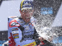 Marc Marquez (93) of Spain and Gresini Racing Moto GP Ducati celebrates victory after  the race day of the Gran Premio GoPro de Aragon at Mo...