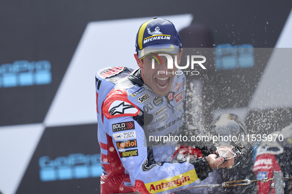 Marc Marquez (93) of Spain and Gresini Racing Moto GP Ducati celebrates victory after  the race day of the Gran Premio GoPro de Aragon at Mo...