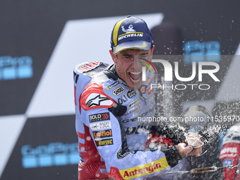 Marc Marquez (93) of Spain and Gresini Racing Moto GP Ducati celebrates victory after  the race day of the Gran Premio GoPro de Aragon at Mo...