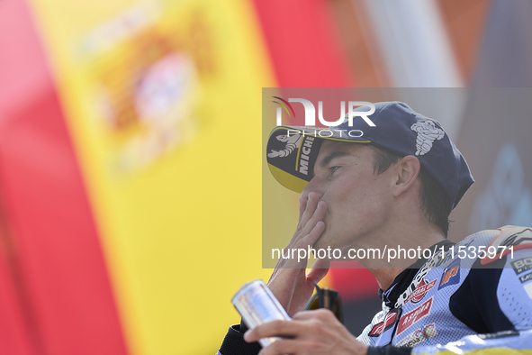 Marc Marquez (93) of Spain and Gresini Racing Moto GP Ducati celebrates victory after  the race day of the Gran Premio GoPro de Aragon at Mo...