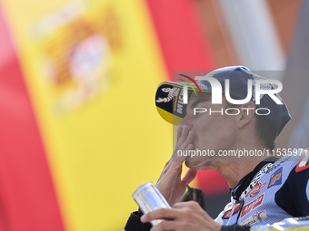 Marc Marquez (93) of Spain and Gresini Racing Moto GP Ducati celebrates victory after  the race day of the Gran Premio GoPro de Aragon at Mo...