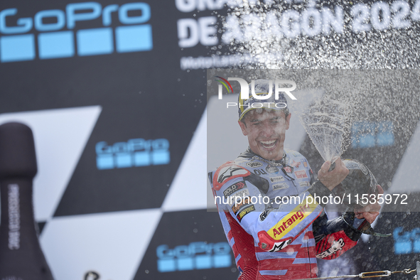 Marc Marquez (93) of Spain and Gresini Racing Moto GP Ducati celebrates victory after  the race day of the Gran Premio GoPro de Aragon at Mo...