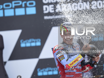 Marc Marquez (93) of Spain and Gresini Racing Moto GP Ducati celebrates victory after  the race day of the Gran Premio GoPro de Aragon at Mo...