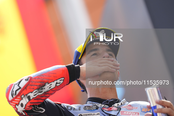 Marc Marquez (93) of Spain and Gresini Racing Moto GP Ducati celebrates victory after  the race day of the Gran Premio GoPro de Aragon at Mo...