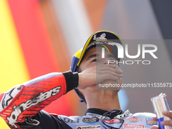 Marc Marquez (93) of Spain and Gresini Racing Moto GP Ducati celebrates victory after  the race day of the Gran Premio GoPro de Aragon at Mo...