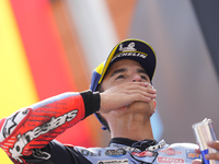 Marc Marquez (93) of Spain and Gresini Racing Moto GP Ducati celebrates victory after  the race day of the Gran Premio GoPro de Aragon at Mo...