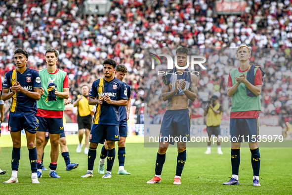 FC Twente players Younes Taha, Sayf Ltaief, and Mees Hilgers during the match between Utrecht and Twente at Stadium Galgenwaard for the Dutc...