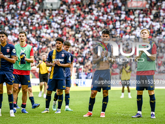 FC Twente players Younes Taha, Sayf Ltaief, and Mees Hilgers during the match between Utrecht and Twente at Stadium Galgenwaard for the Dutc...