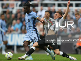 Tottenham Hotspur's Yves Bissouma is challenged by Newcastle United's Harvey Barnes during the Premier League match between Newcastle United...