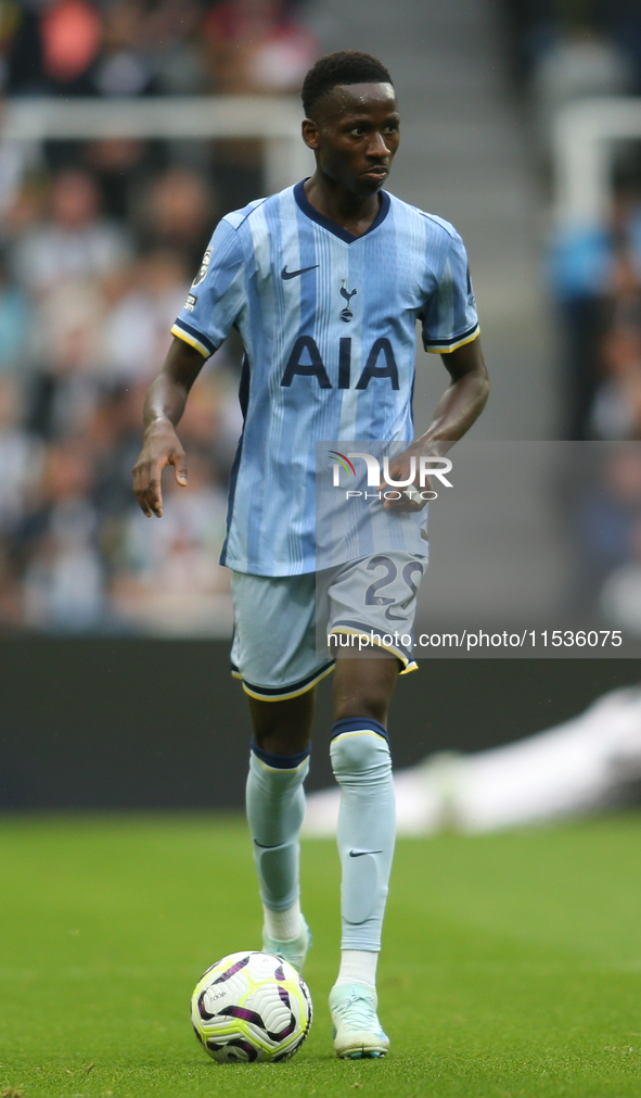 Tottenham Hotspur's Pape Matar Sarr during the Premier League match between Newcastle United and Tottenham Hotspur at St. James's Park in Ne...