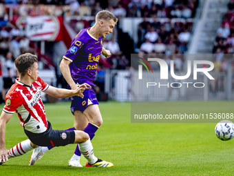 PSV player Matteo Dams and Go Ahead Eagles player Oliver Antman during the match PSV vs. Go Ahead Eagles at the Philips Stadium for the Dutc...