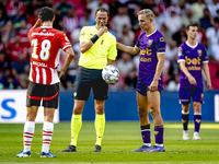 Referee Bas Nijhuis and Go Ahead Eagles player Finn Stokkers during the match between PSV and Go Ahead Eagles at the Philips Stadium for the...